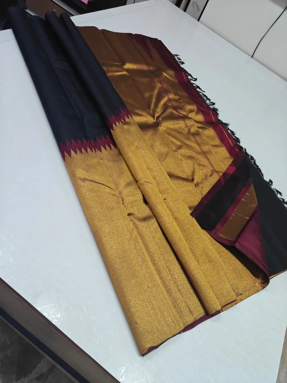 Black Handloom Kanchipuram Silk Saree with Traditional Temple Border